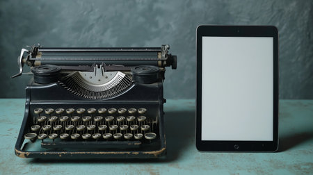 High quality photo of an old typewriter placed on a sleek, modern glass desk next to a tablet displaying a blank document.の素材