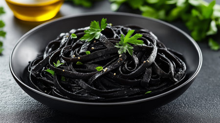 High quality photo of a bowl of inky squid ink pasta, garnished with minimal parsley leaves and a drizzle of olive oil, placed on a matte black table for a dramatic presentationの素材