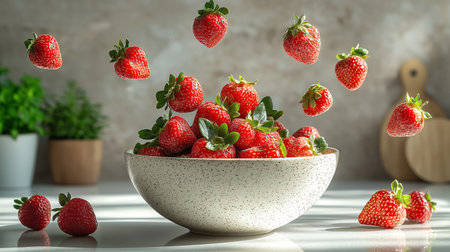 Fresh strawberries flying into a bowl in a bright kitchen settingの素材