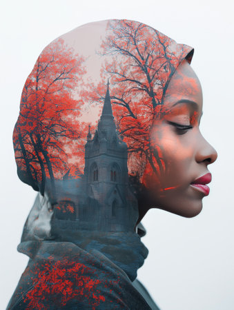 Portrait of a woman with a dreamy landscape blending autumn colorsの素材