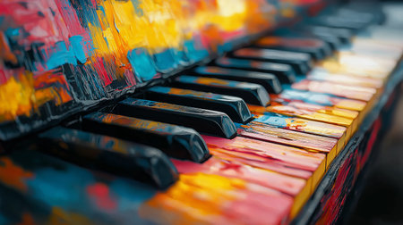 Colorful piano keys on black background. Music concept artの素材