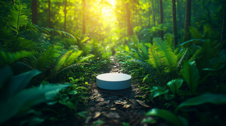 podium in the middle of green tropical forest, mockup for cosmetic productの素材