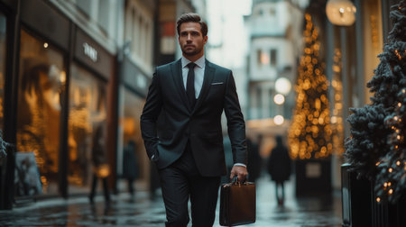 A businessman in a suit walks confidently down a decorated city street in the evening, surrounded by twinkling holiday lights and people in the background, creating a vibrant atmosphere.の素材