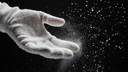 A gloved hand releases a cloud of white powder into the air, creating a striking visual effect. The contrast with the dark background enhances the fluid motion and texture.の素材