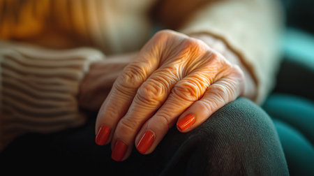 an elderly hand resting, showcasing the wrinkles and vibrant nail colorの素材