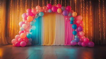 Colorful balloon arch creates vibrant atmosphere for celebration eventの写真素材