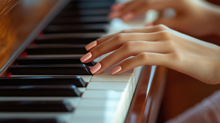 A person skillfully plays piano keys with elegantly polished nails, set against a soft and bright backdrop that creates a warm atmosphere. The focus is on the artistry of music creation.の素材