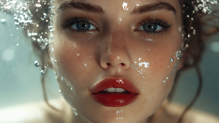 Close-up portrait of a beautiful young woman in a bath.の素材
