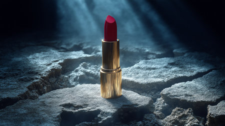 Red lipstick on cracked ground background. 3D rendering and illustration.の素材