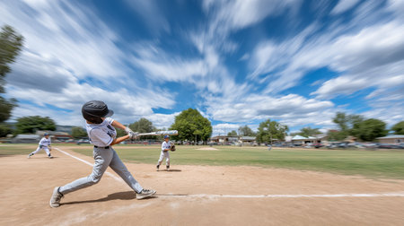 Kids playing baseball on the field in a sunny day, motion blurの素材