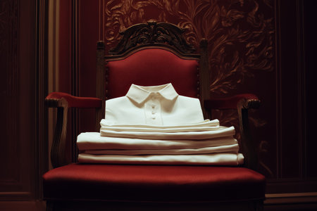Luxury white shirt on a red chair in a classic roomの素材
