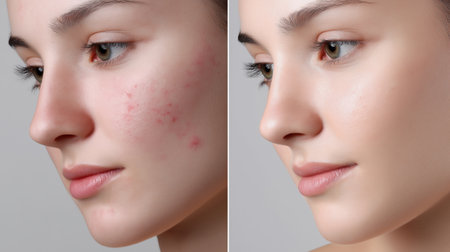 woman face wrinkles before and after treatment on white background, closeupの素材