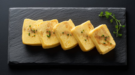 Tasty scrambled eggs on black slate plate, top view, copy spaceの素材