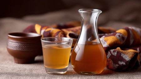 tea in a decanter on a background of brown fabricの素材
