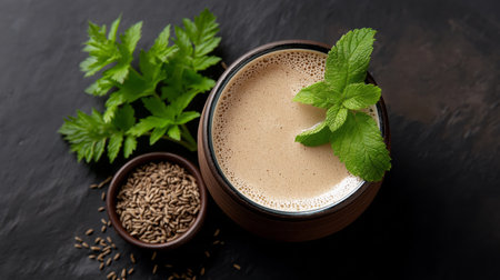 Cup of coffee with milk and mint on a dark background.の素材