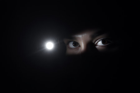 Close-up of the eyes of a woman in a dark roomの素材