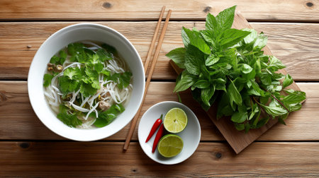 Thai noodle soup with mint and lime on wooden background.の素材