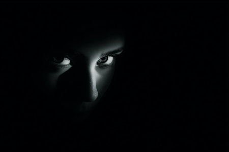 Portrait of a young woman with black eyes in a dark roomの素材