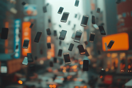 Cell phones falling down and crashing.Gadget Addiction Concept. High quality illustrationの素材
