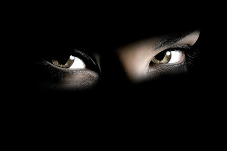 Close-up of a woman's eyes in a black hood.の素材
