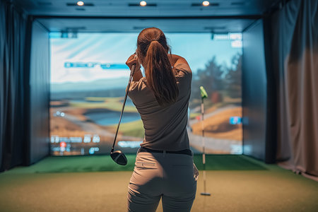 Golfer playing golf in indoor simulator Mixed media. golf simulatoの素材