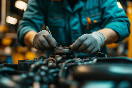 Close-up of a mechanic's hands carefully inspecting a car engine, with the focus on the precision and skill involved in the diagnostic process. The shot can emphasize the use of specialized tools and equipment. on blurred defocused bokeh backgroundの素材
