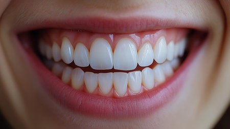 Close up of a smiling young woman's teeth. Dentistry concepの素材