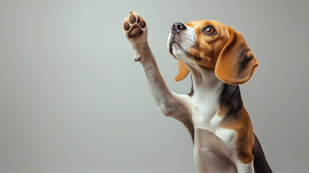 A cute little puppy raising one paw and looking up at the camera. creative banner with copy space. High quality illustrationの素材