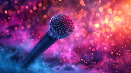 Lively Singing microphone on colorful background. Concert and karaoke musical mic equipmentの素材