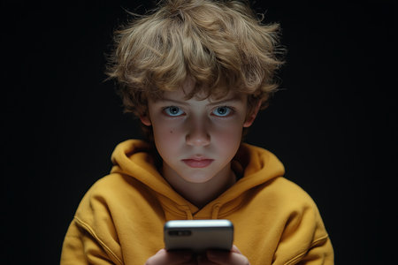 boy portraying excessive use of smartphone, dependence, exaggerated addictionの素材