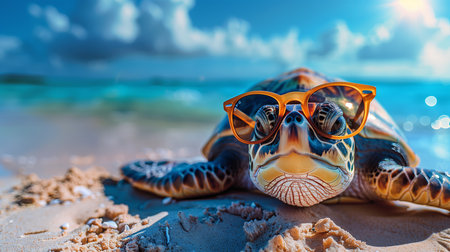 cute turtle with sunglasses chilling at the beach, smilinの素材