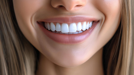 Young woman with beautiful white smile, closeup. Dentistry concの素材