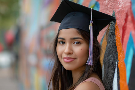 Portrait of a smiling female graduate in cap and gown looking at camerの素材