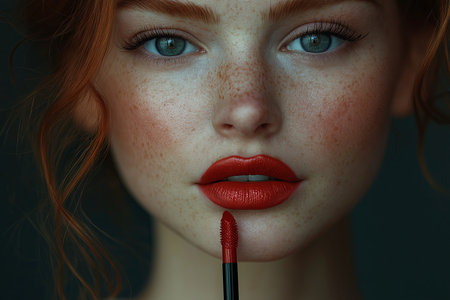 A captivating closeup view of a womans lips as she carefully applies vibrant, red lipstick with eleganceの素材