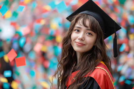 Portrait of a smiling female graduate in cap and gown looking at camerの素材