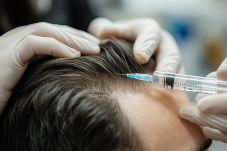 A male client receiving a scalp injection from a cosmetologist to stimulate hair growth, close up shotの素材