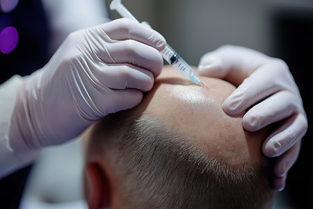 A male client receiving a scalp injection from a cosmetologist to stimulate hair growth, close up shotの素材