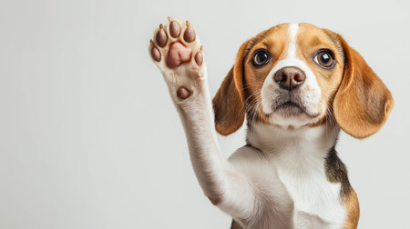 A cute little puppy raising one paw and looking up at the camera. creative banner with copy space. High quality illustrationの素材