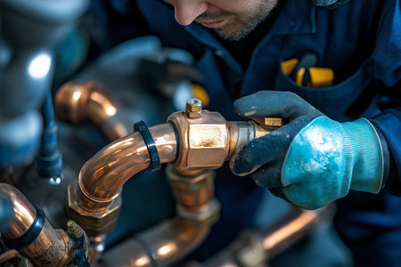A professional plumber is carefully inspecting a copper plumbing system with a variety of tools in handの素材
