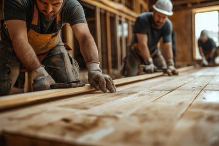 Construction worker laying laminate flooring on a new house construction siの素材