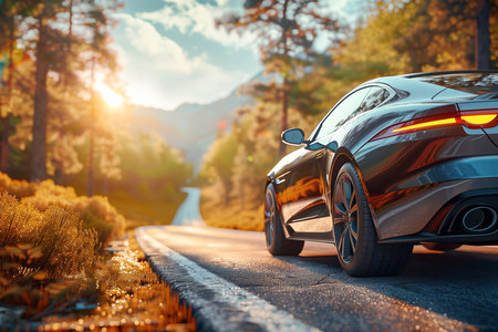 dynamic scene featuring a modern sport car driving on a scenic road surrounded by lush trees or mountainの素材