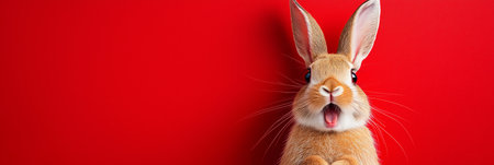 A surprised rabbit is positioned in front of a bold red background, showcasing its large ears and wide-open mouth. The rabbit appears curious and animated in this vibrant setting.の素材