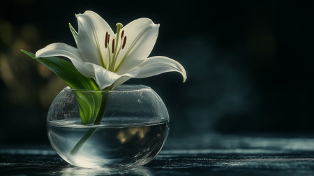 A white lily stands gracefully in a round glass vase filled with water. Soft light highlights its petals, creating a serene atmosphere in the dark environment.の素材
