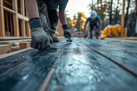 Construction worker laying laminate flooring on a new house construction siの素材