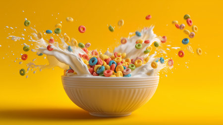 A bowl filled with colorful cereal bursts with milk, creating a dynamic splash. The bright yellow backdrop enhances the playful and vibrant mood of breakfast time.の素材