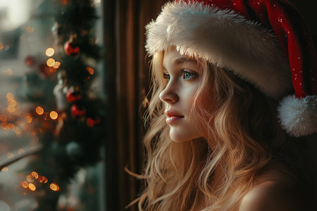 Beautiful little girl in santa claus hat on a background of Christmas lights. Christmas concept. High quality illustrationの素材