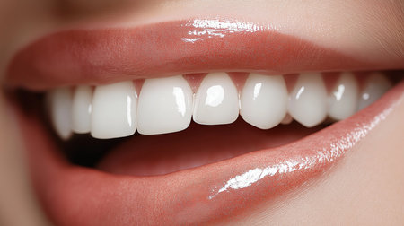 Close up of a smiling young woman's teeth. Dentistry concepの素材