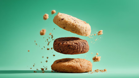 Three different cookie varieties are suspended in mid-air against a bright green background, with cookie crumbs floating around them, showcasing their delicious textures and colors.の素材