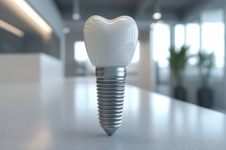 A closeup view of a dental implant model with a realistic tooth crown, ideal for medical and dental contentの素材