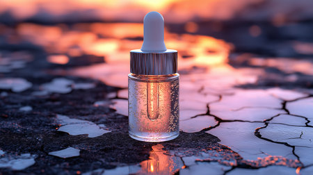 A glass serum bottle stands on a cracked earth surface as the sun sets, creating a warm and colorful backdrop. The bottle reflects the vibrant hues of the fading light.の素材
